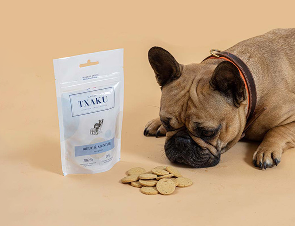 Ortense bouledogue français égérie de la Maison txaku - biscuit friandise chien